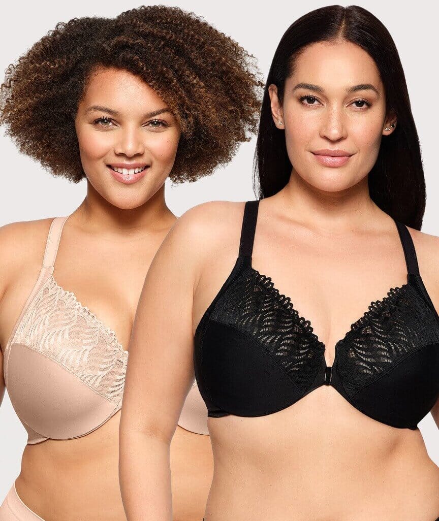 Glamorise Front-Closure T-Back WonderWire Bra 2 Pack - Black/Cafe